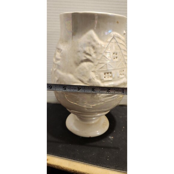 Vintage Iridescent Lusterware Vase – Cottage Scene Relief 10” Ceramic - Picture 10 of 11